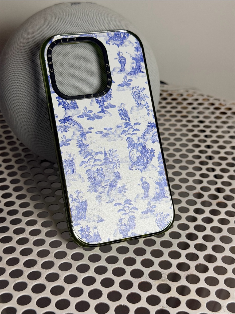 Casetify for iPhone 14 Pro  Blue Toile Pattern and Lime Green Trim.